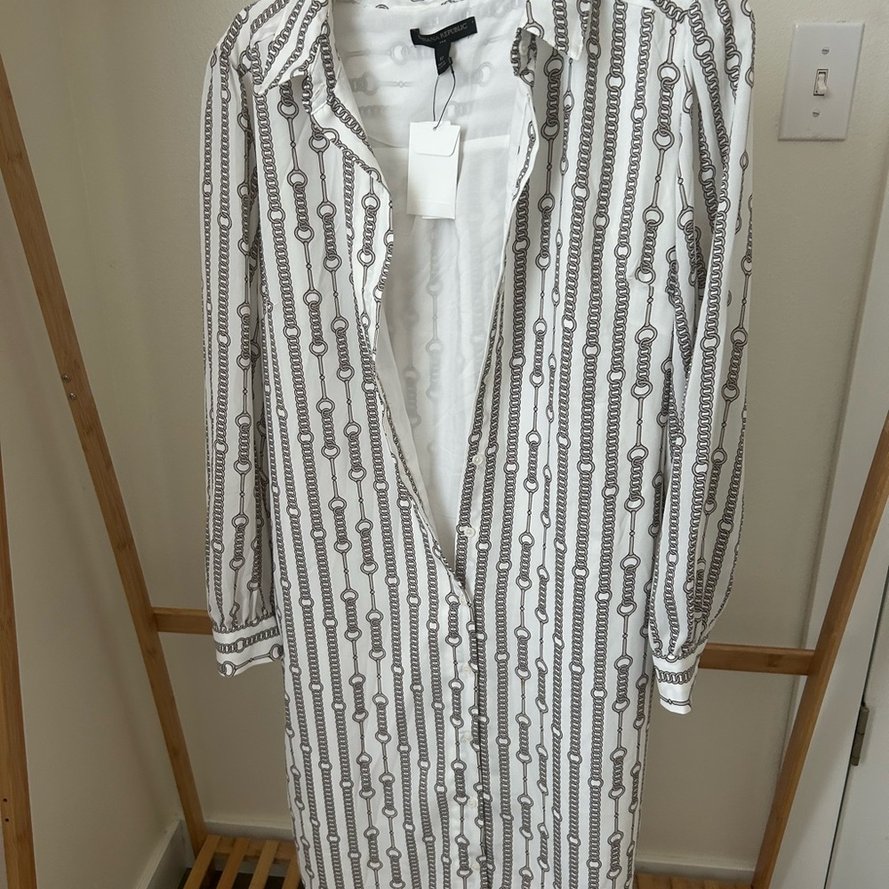 Banana Republic White and Brown Chain Print Shirt Dress